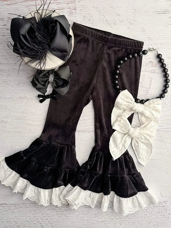 Black Lace Trimmed Velvet Bell Bottoms