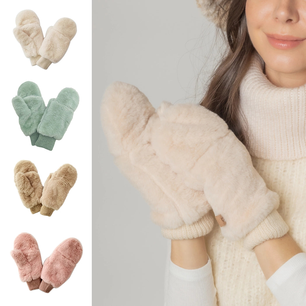 Solid Faux Fur Mittens - Brown