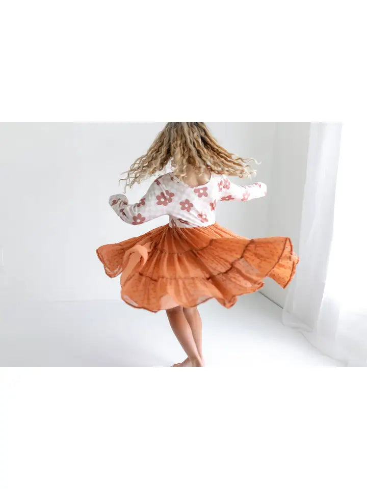 Kids Flower Check Print Swiss Dot Tulle Fall Dress