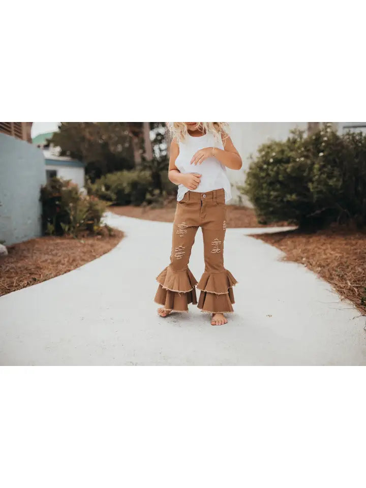 Kids Khaki Denim Double Ruffle Pant Jeans