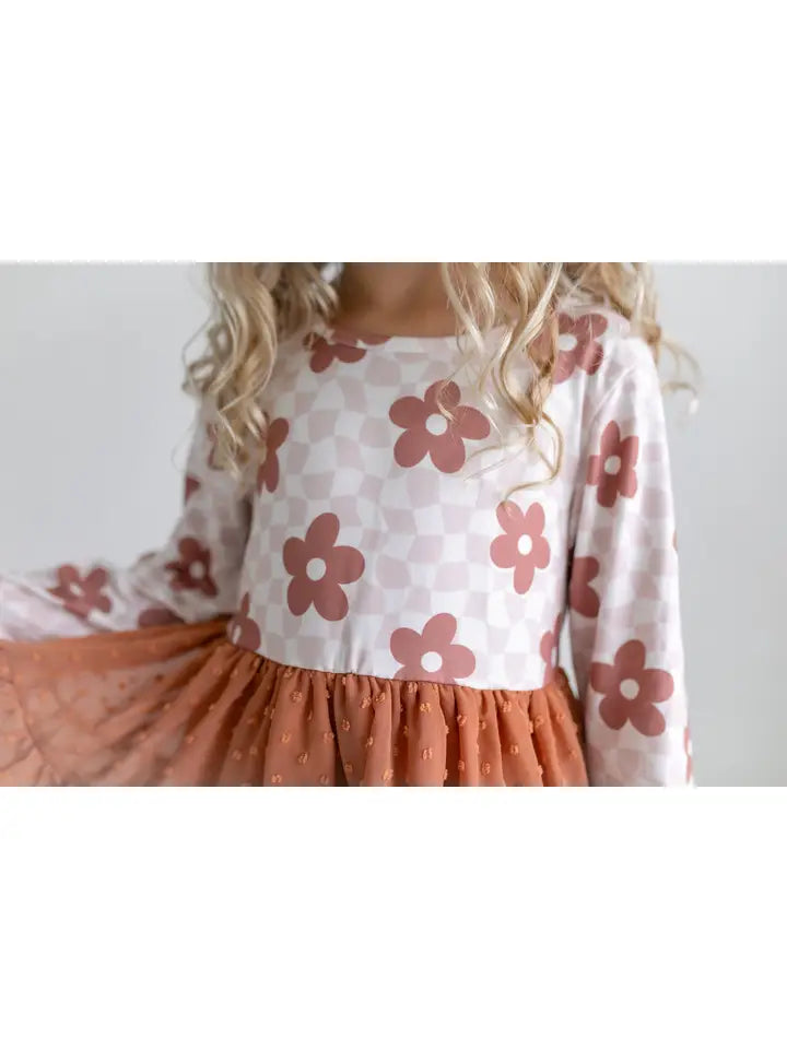 Kids Flower Check Print Swiss Dot Tulle Fall Dress
