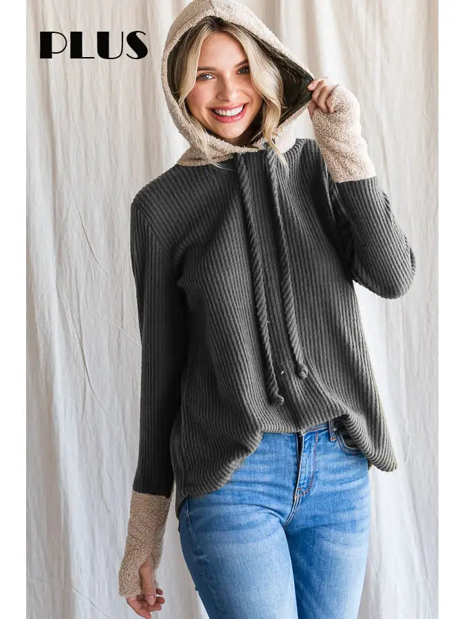 Brushed Knit Drawstring Hoodie - Plus Size