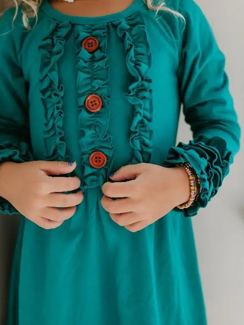 Kids Long Sleeve Dark Teal Ruffle Button Fall Winter Dress