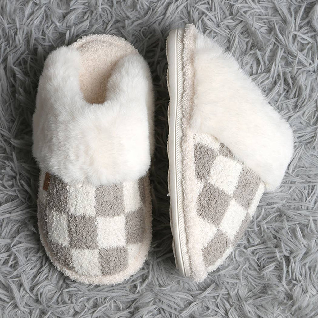 Checkered Faux Fur Cuff Mule Luxury Soft Slipper
