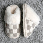Checkered Faux Fur Cuff Mule Luxury Soft Slipper