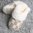 Checkered Faux Fur Cuff Mule Luxury Soft Slipper
