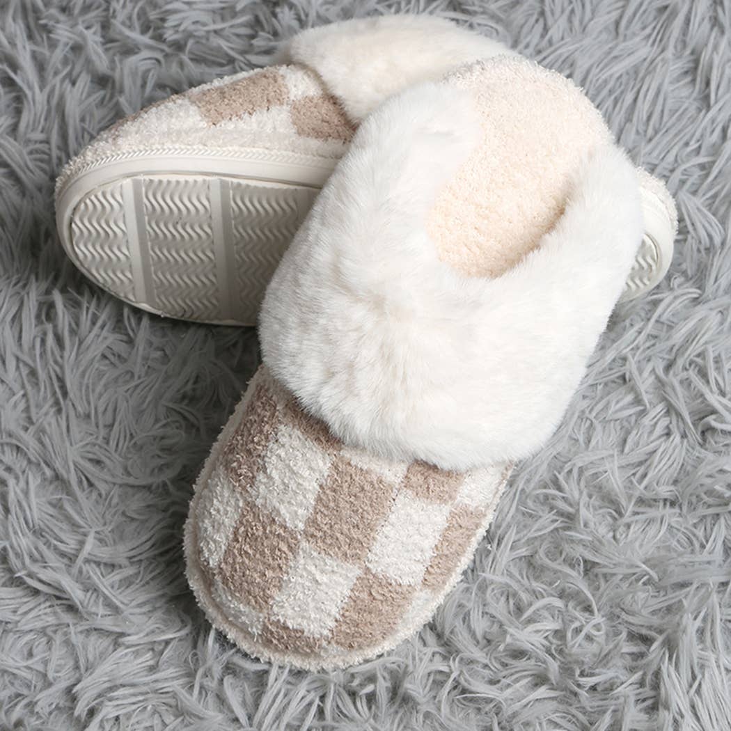 Checkered Faux Fur Cuff Mule Luxury Soft Slipper