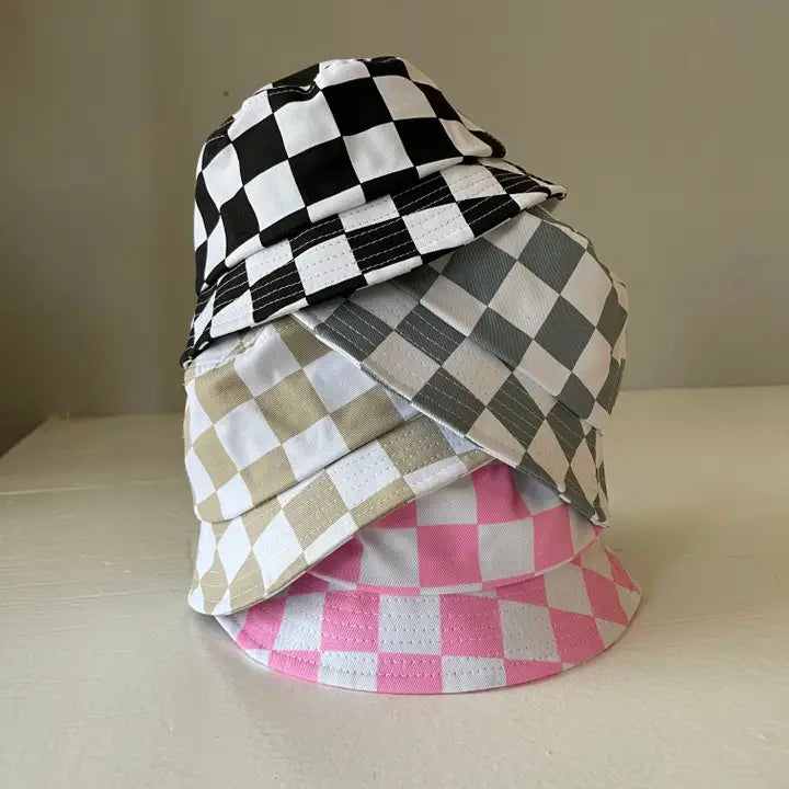 Checkered Bucket Hat - Black, Pink, Stone Blue