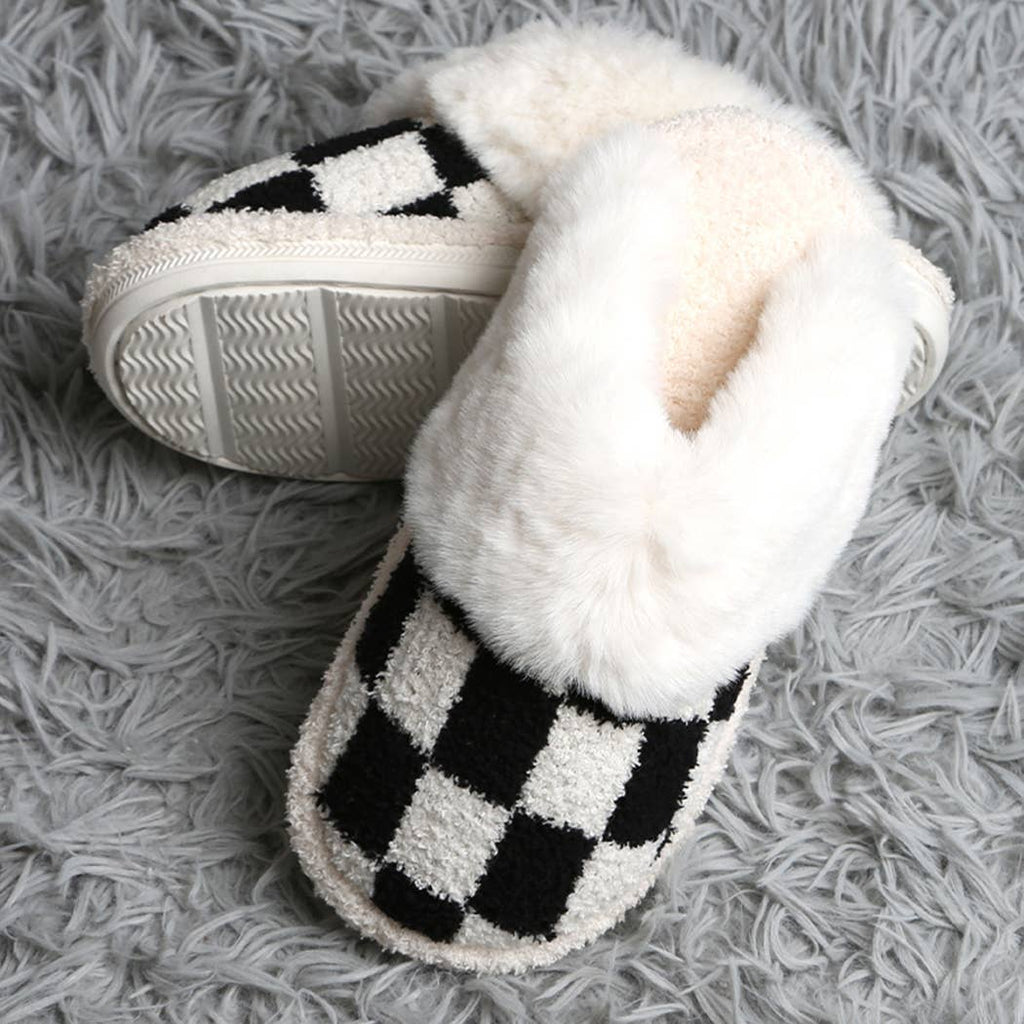 Checkered Faux Fur Cuff Mule Luxury Soft Slipper