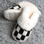Checkered Faux Fur Cuff Mule Luxury Soft Slipper