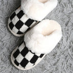 Checkered Faux Fur Cuff Mule Luxury Soft Slipper