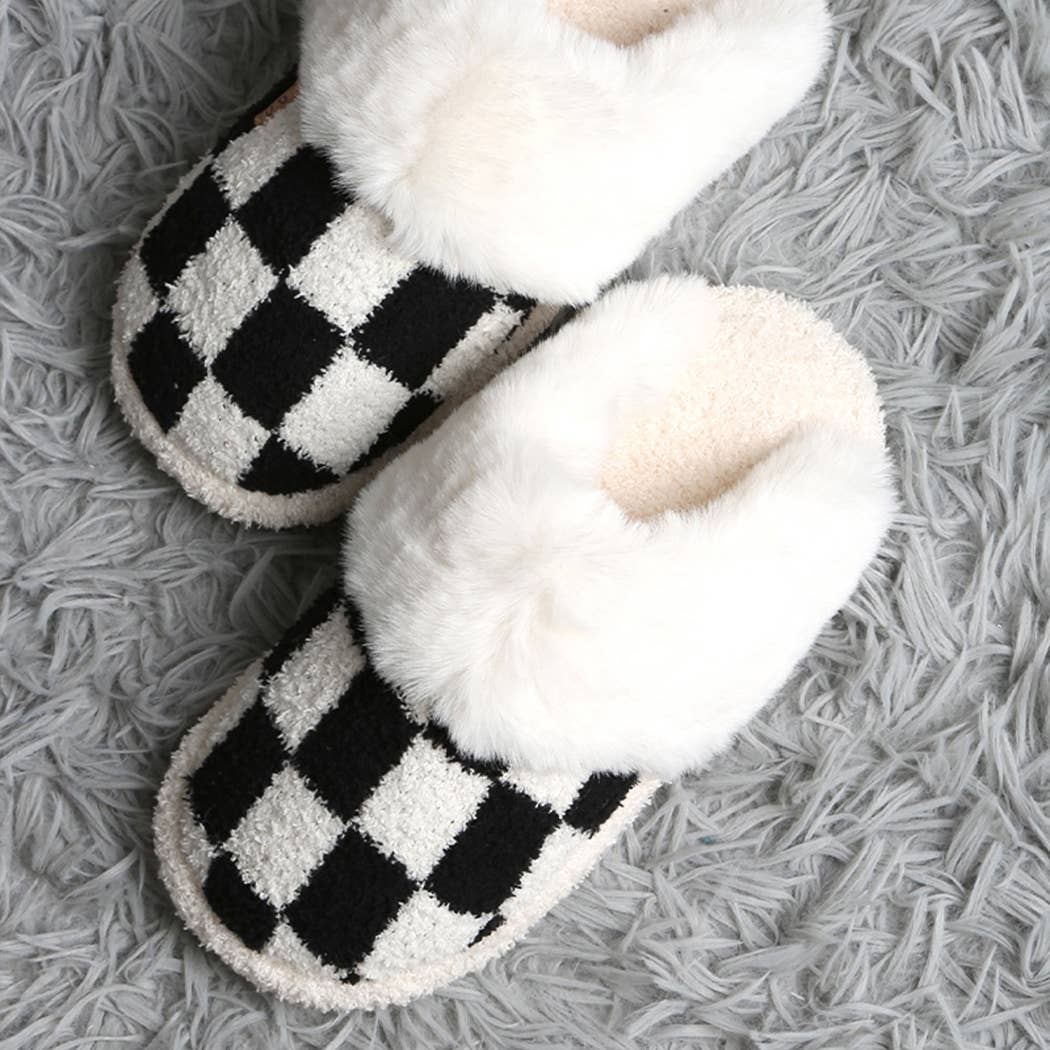 Checkered Faux Fur Cuff Mule Luxury Soft Slipper