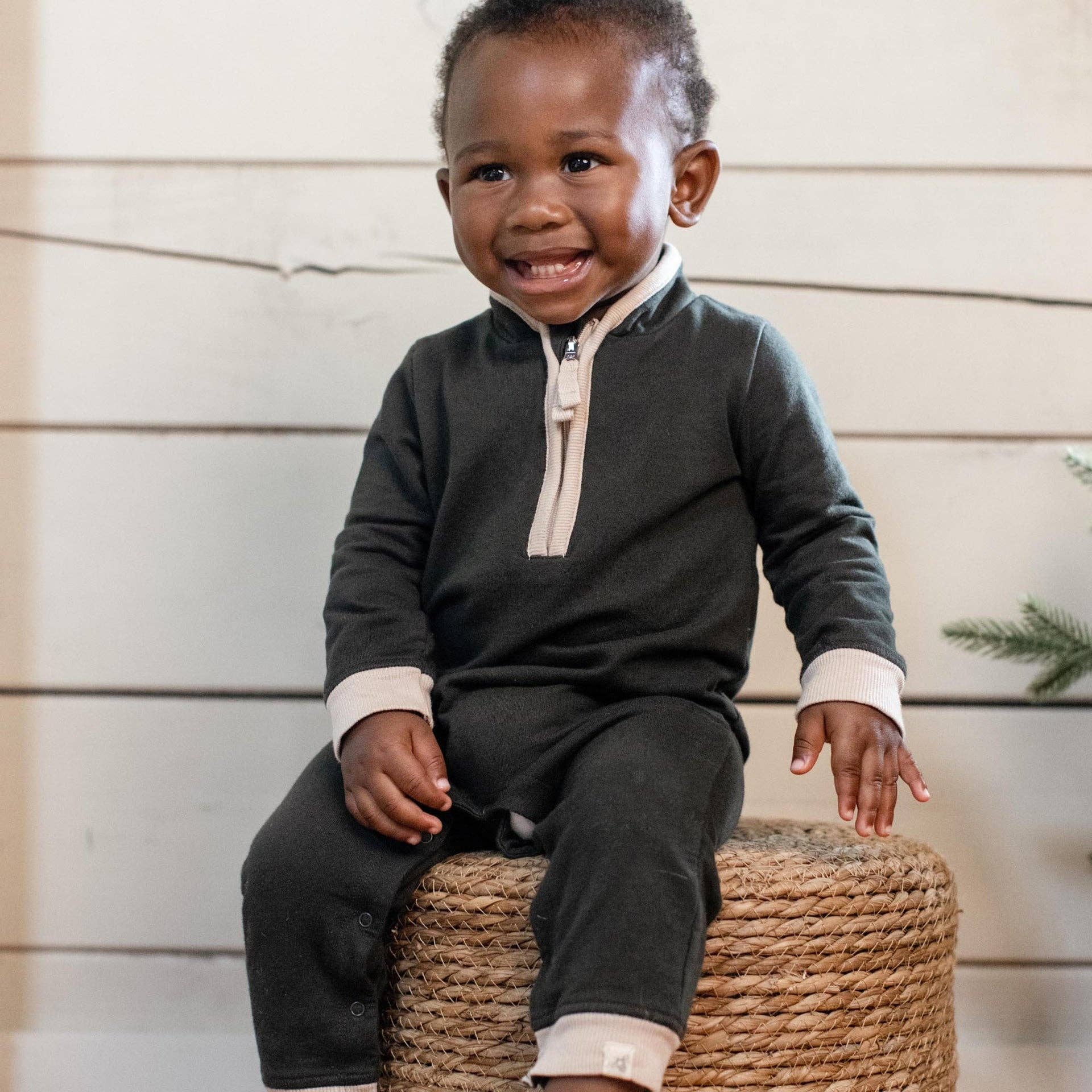 Organic Quarter Zip Baby Boy Jumpsuit - Shadow