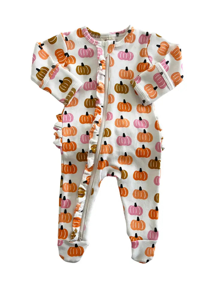 Pink Pumpkin Patch / Organic Frill Zip Footie (Baby - Kids)