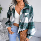 Trendy Plaid Lantern Sleeve Woolen Jacket – Cozy Fall/Winter Outerwear