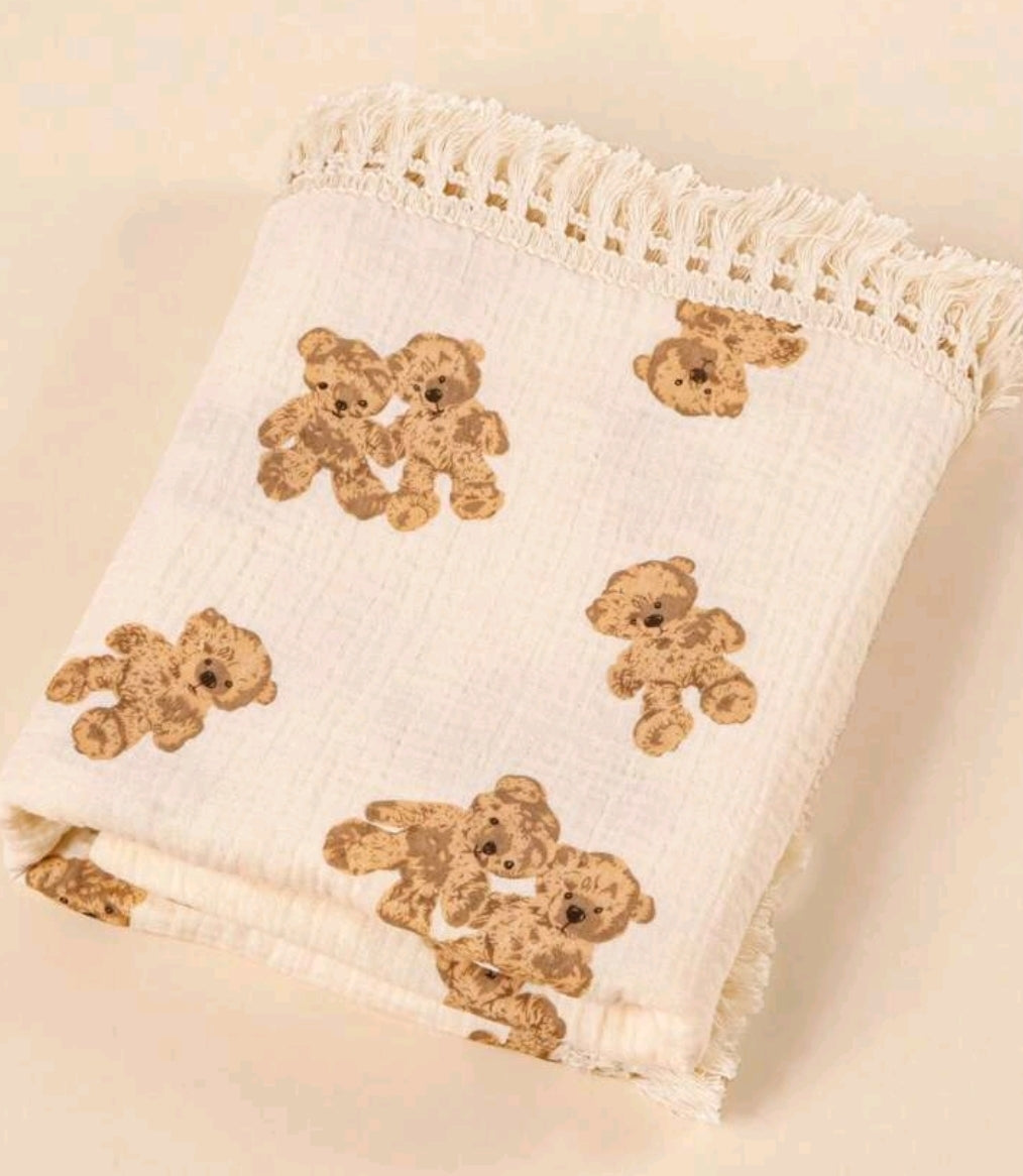 Muslin Fringed Bear Blanket