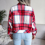 Trendy Plaid Lantern Sleeve Woolen Jacket – Cozy Fall/Winter Outerwear