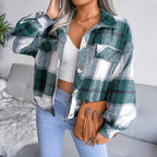 Trendy Plaid Lantern Sleeve Woolen Jacket – Cozy Fall/Winter Outerwear