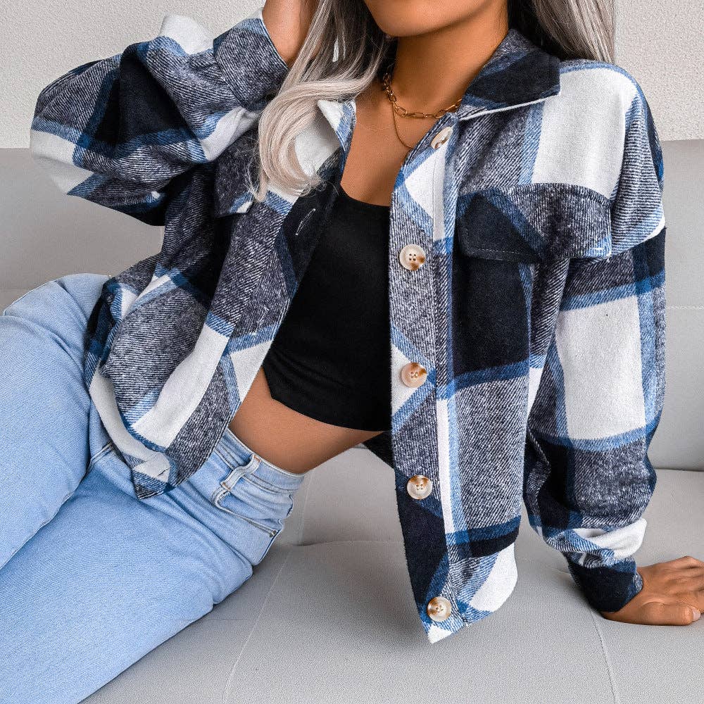Trendy Plaid Lantern Sleeve Woolen Jacket – Cozy Fall/Winter Outerwear