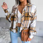 Trendy Plaid Lantern Sleeve Woolen Jacket – Cozy Fall/Winter Outerwear