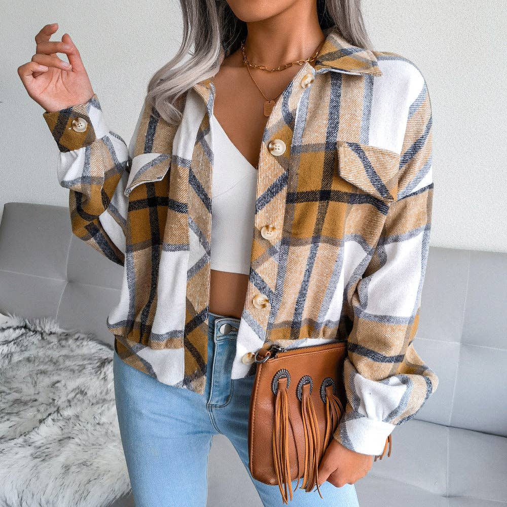 Trendy Plaid Lantern Sleeve Woolen Jacket – Cozy Fall/Winter Outerwear