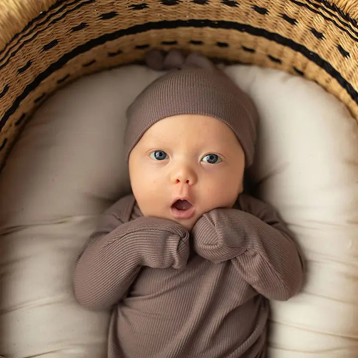 Cocoa Brown Ribbed Knotted Newborn Baby Gown Sleepwear w/Hat