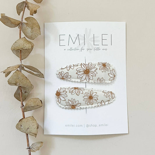 (#11) Fabric Hair Clip Snap Barrettes (2) - Ivory Daisy