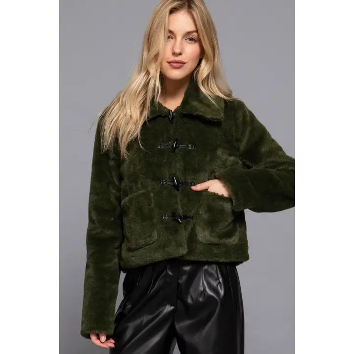 Long Sleeve Collar with Toggle Button Fur Duffle Jacket - Olive