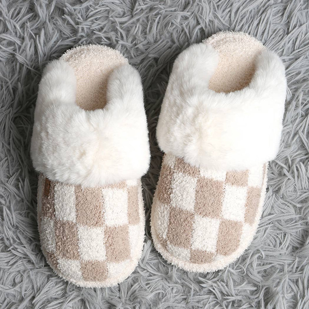 Checkered Faux Fur Cuff Mule Luxury Soft Slipper
