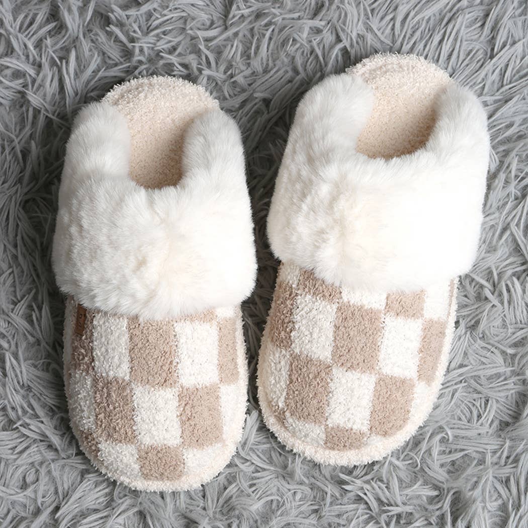 Checkered Faux Fur Cuff Mule Luxury Soft Slipper