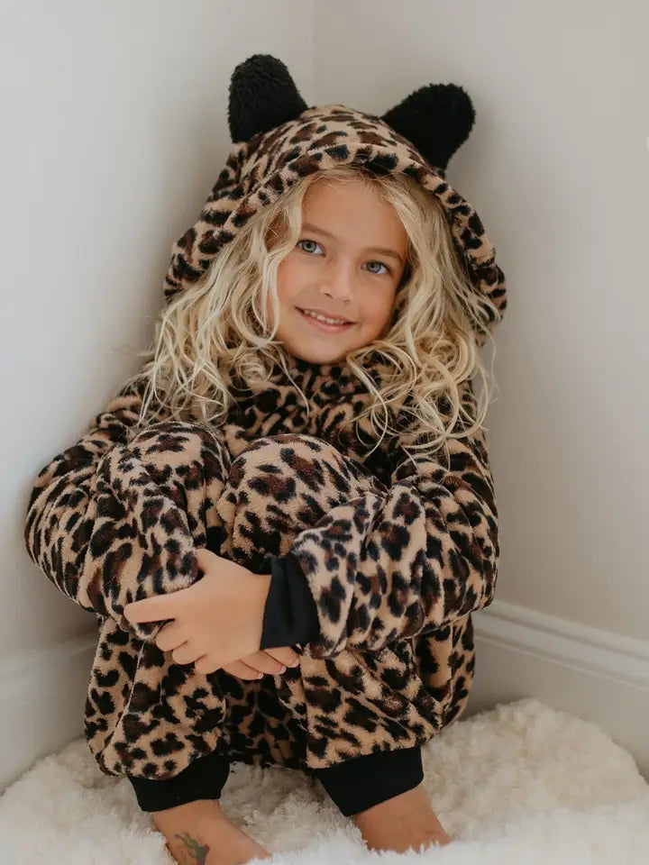 Kids Fuzzy Fur Leopard Onesie with Critter Ears