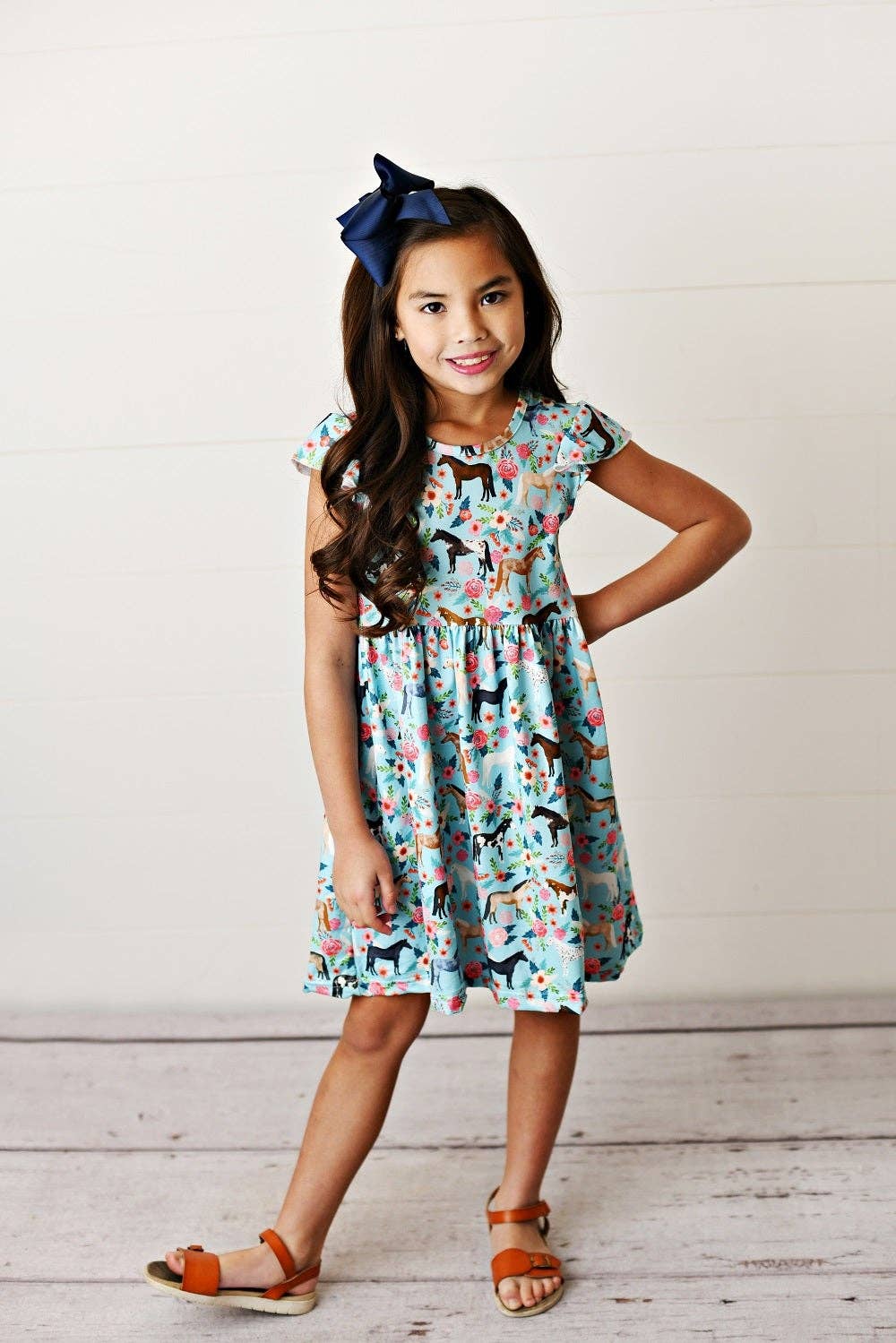 Kids Blue Floral Western Horse Flutter Sleeve Spring Dress
