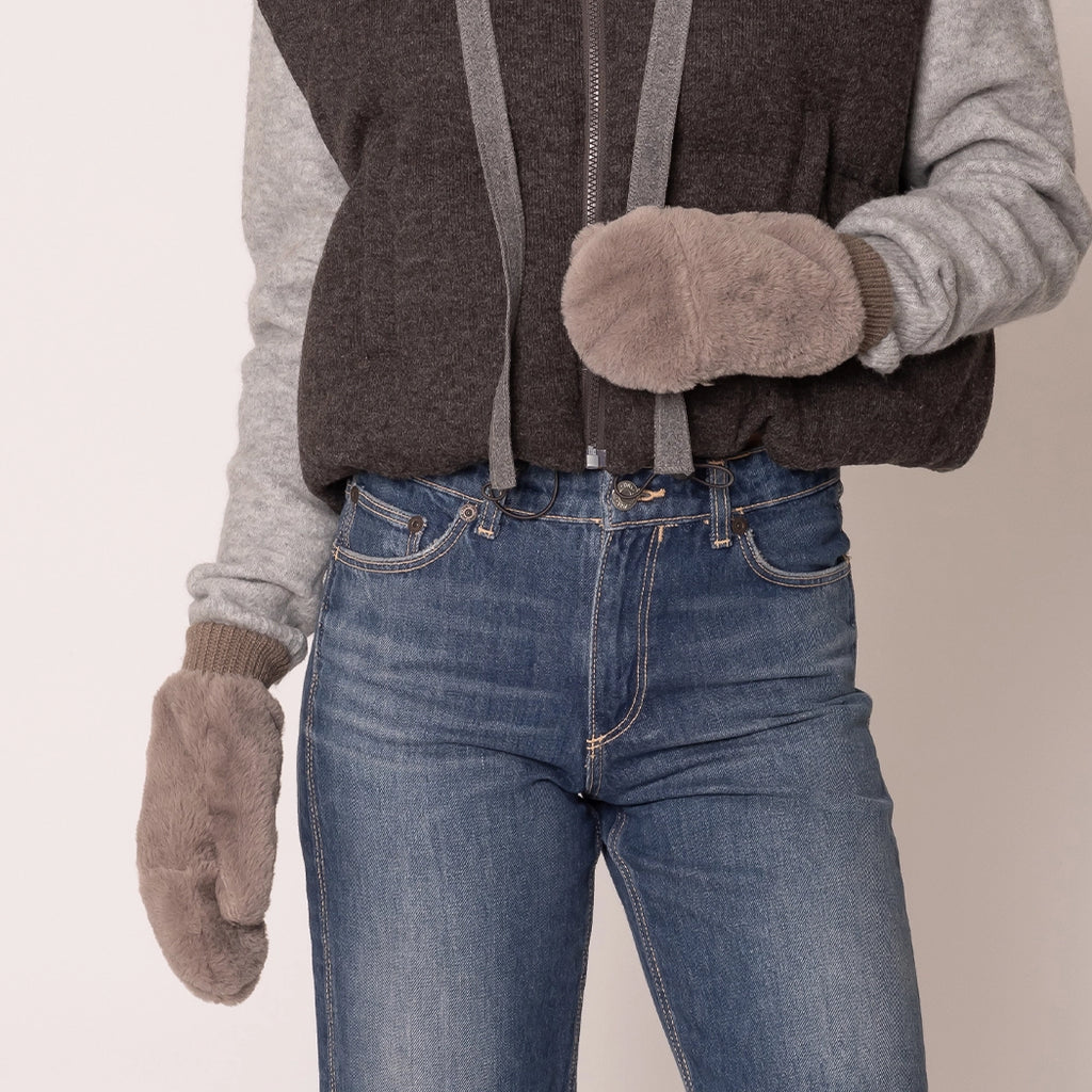 Solid Faux Fur Mittens  - Brown