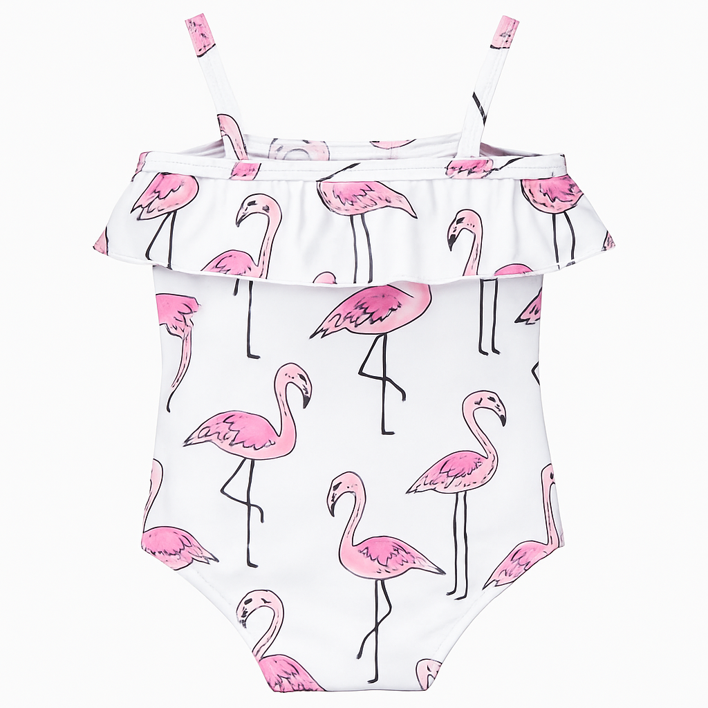 White Flamingo Print Ruffled One-Piece Toddler Girl Swimsuit