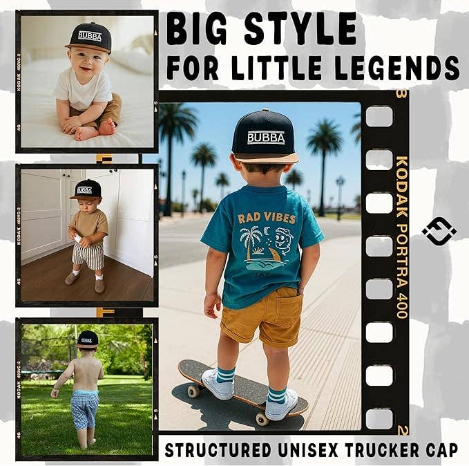 Flat Brim Trucker Hat - Bubba - Black/Faux Leather