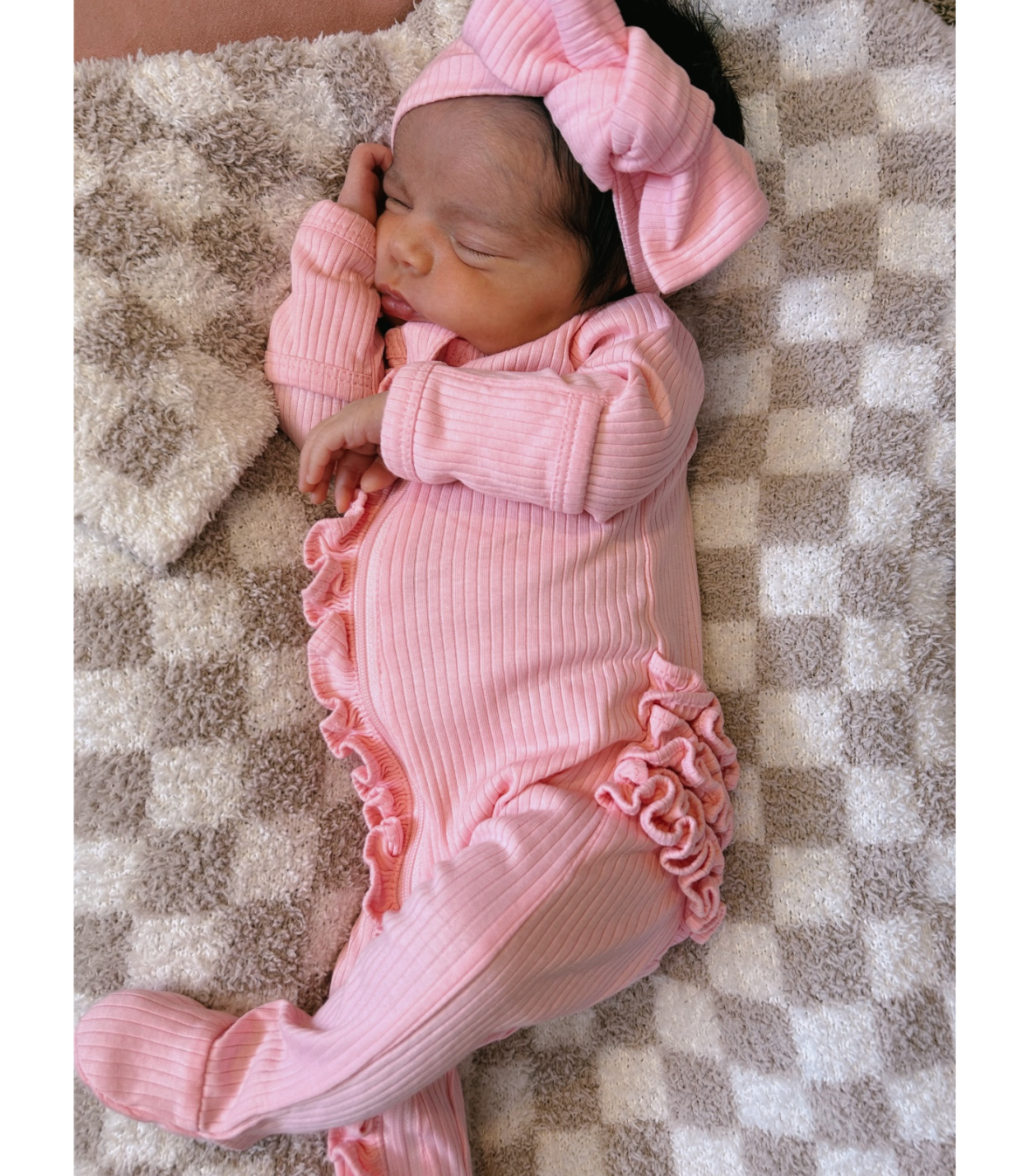 Pink / Organic Ribbed Frill Zip Footie
