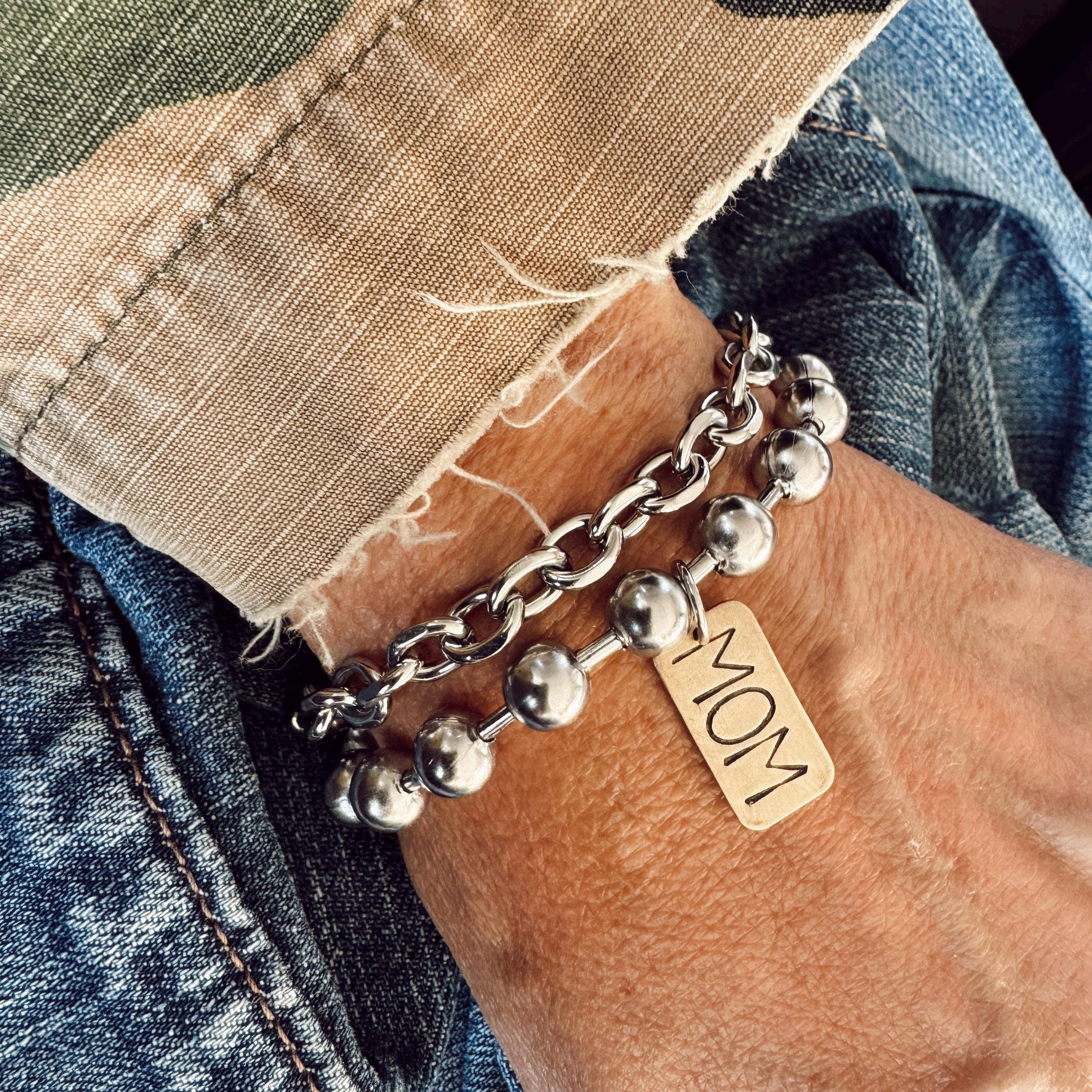 Hand Stamped MOM Brass Tag Bracelet