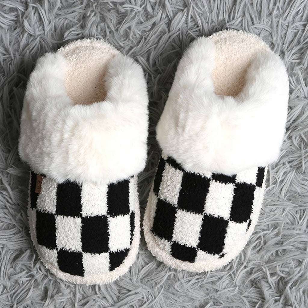 Checkered Faux Fur Cuff Mule Luxury Soft Slipper