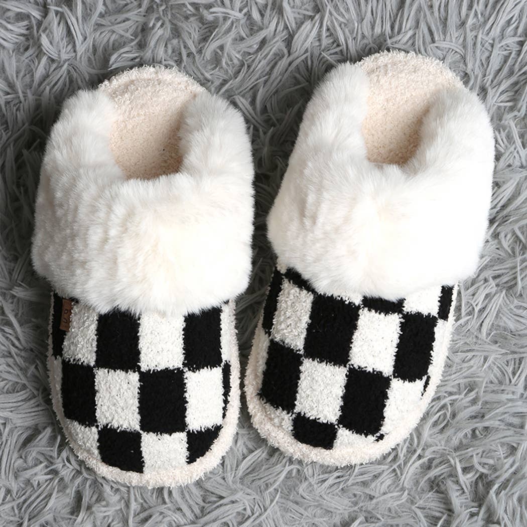 Checkered Faux Fur Cuff Mule Luxury Soft Slipper
