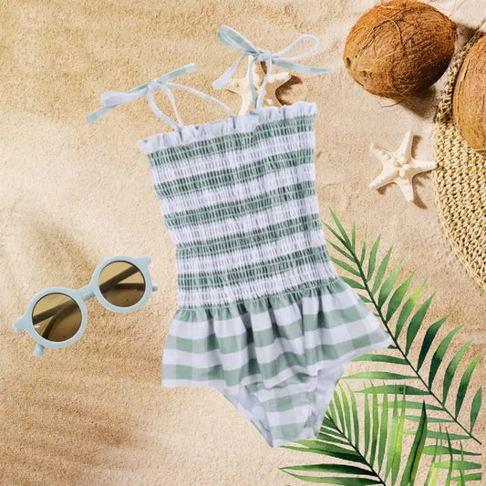 Sage Checkered Swimsuit - Girls