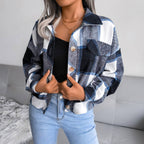 Trendy Plaid Lantern Sleeve Woolen Jacket – Cozy Fall/Winter Outerwear