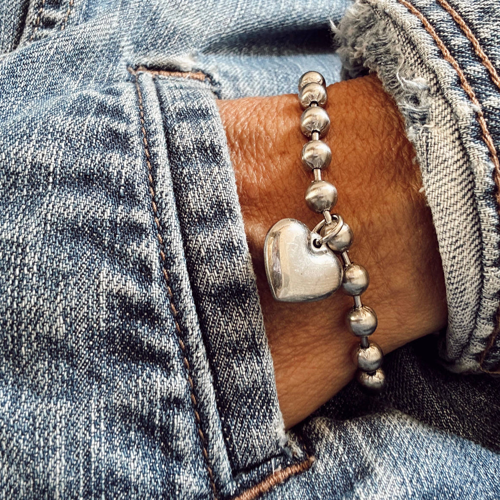 Brushed Stainless Steel Heart Charm Bracelet 