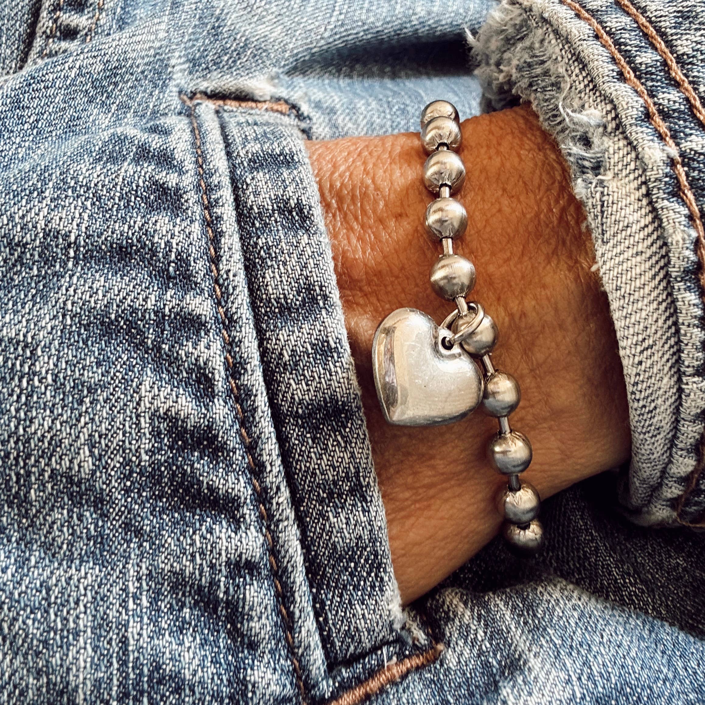 Brushed Stainless Steel Heart Charm Bracelet 