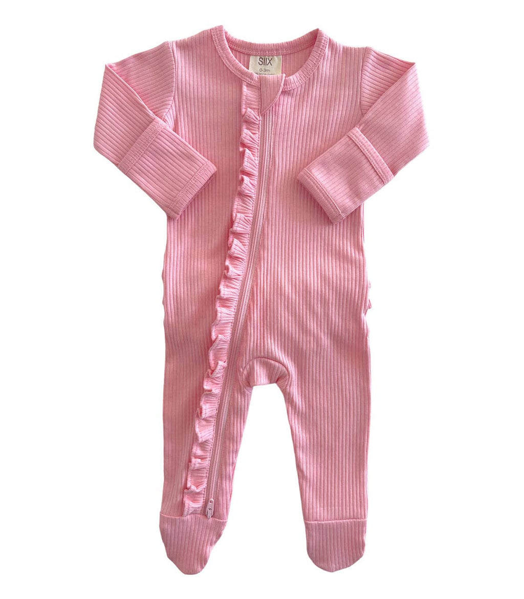 Pink / Organic Ribbed Frill Zip Footie