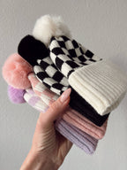 Checkerboard Fur Pom Hat, Cream
