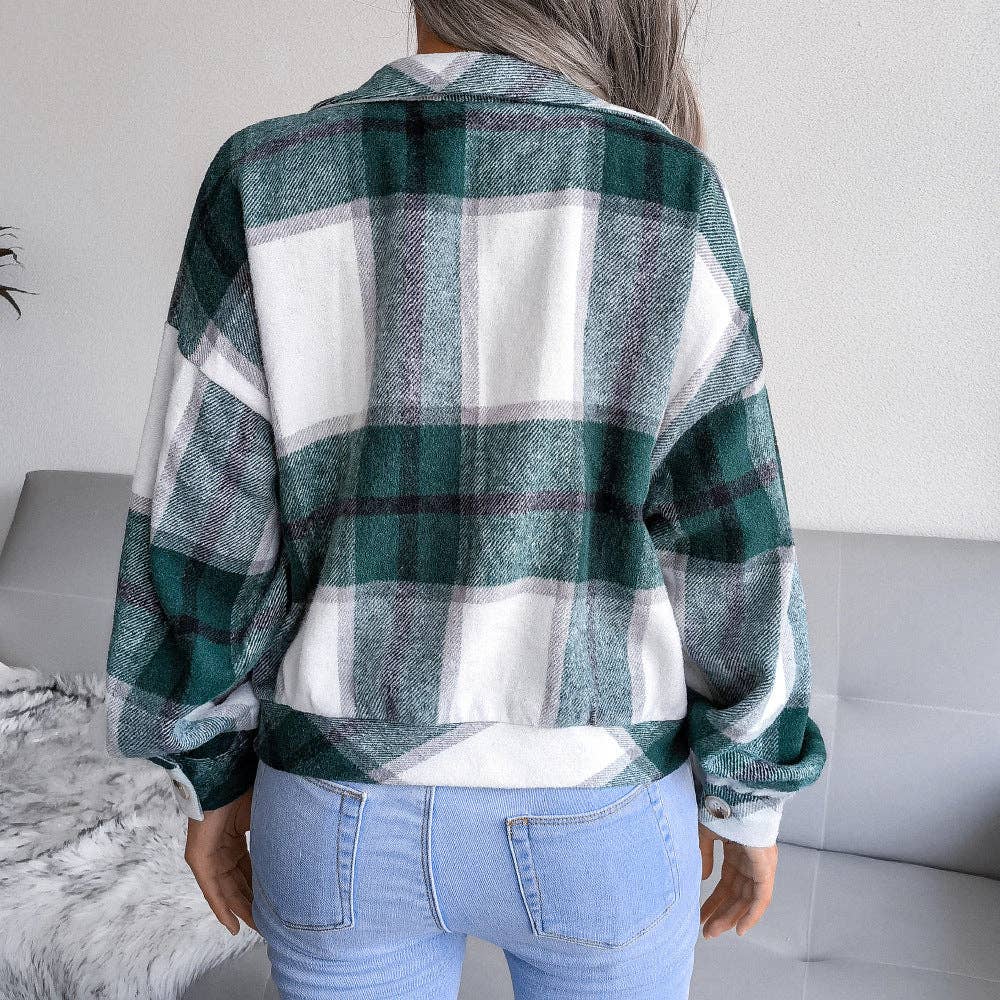 Trendy Plaid Lantern Sleeve Woolen Jacket – Cozy Fall/Winter Outerwear
