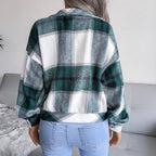 Trendy Plaid Lantern Sleeve Woolen Jacket – Cozy Fall/Winter Outerwear