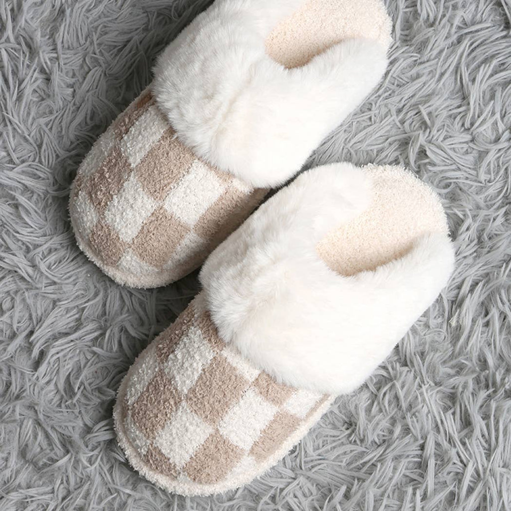 Checkered Faux Fur Cuff Mule Luxury Soft Slipper