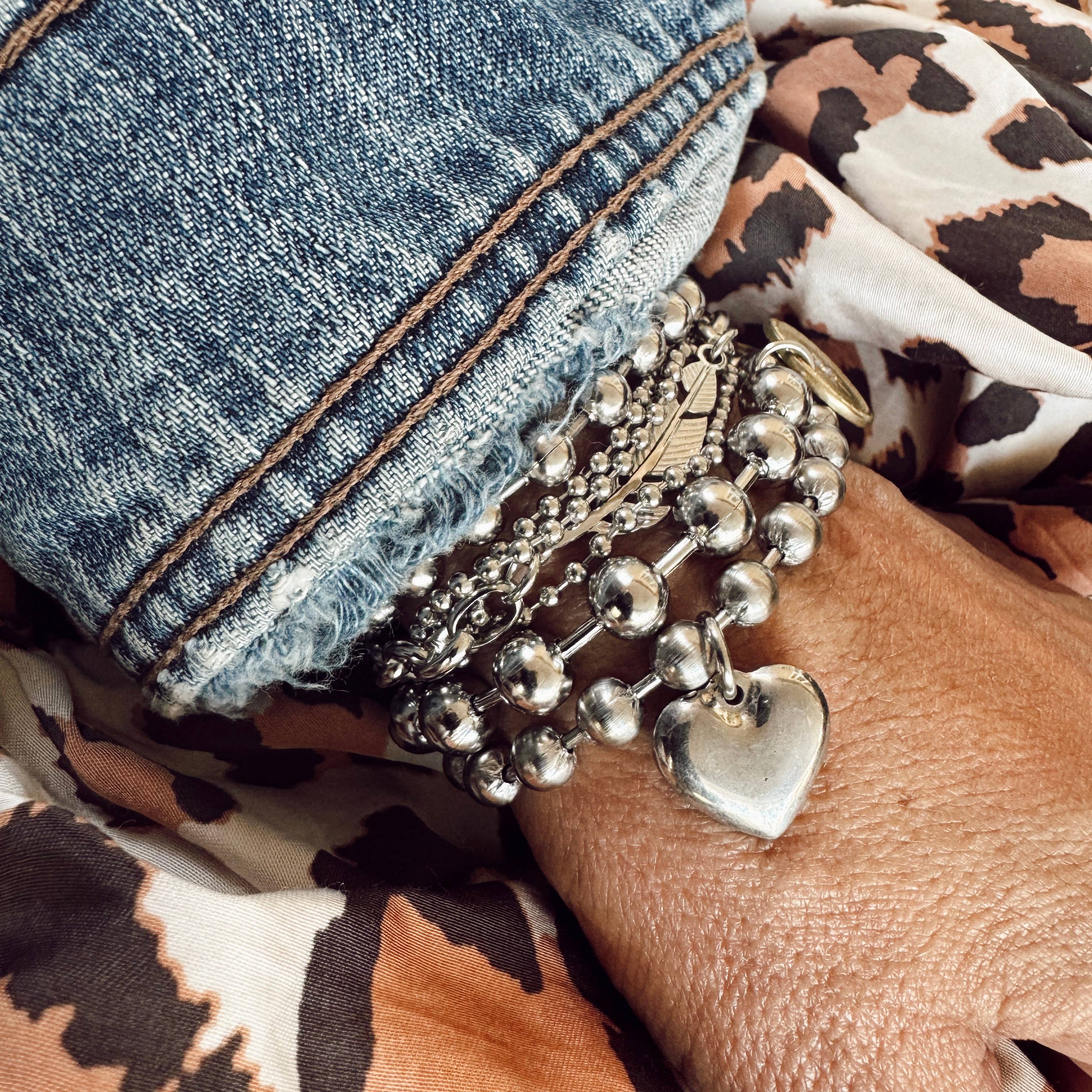 Brushed Stainless Steel Heart Charm Bracelet 