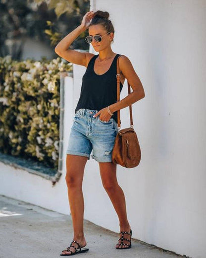 High Waist Folded Hem Denim Shorts SKS6627